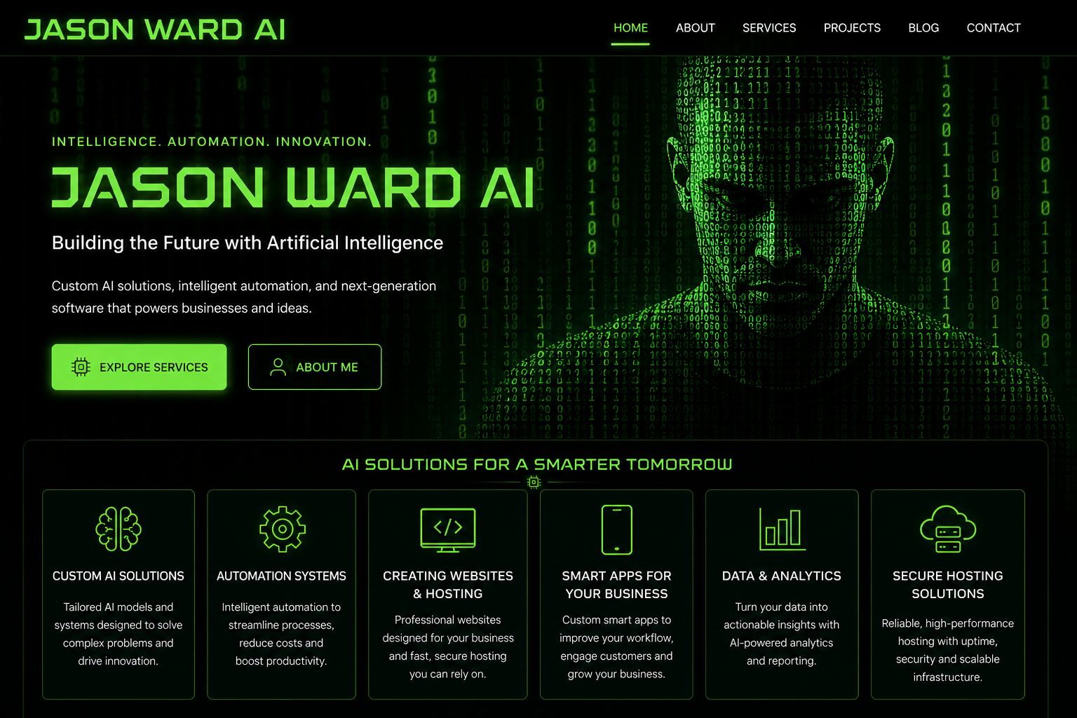 Futuristic green binary-code AI figure